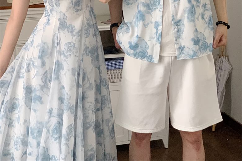 Azure - Bijpassende mouwloze A-lijn zomerjurk met bloemenprint / Hawaiiaans overhemd met korte mouwen