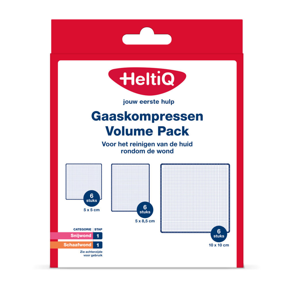 HeltiQ Gaaskompressen Volume Pack 6 stuks 5x5cm + 6 stuks 5x8,5cm + 6 stuks 10x10cm18 stuks