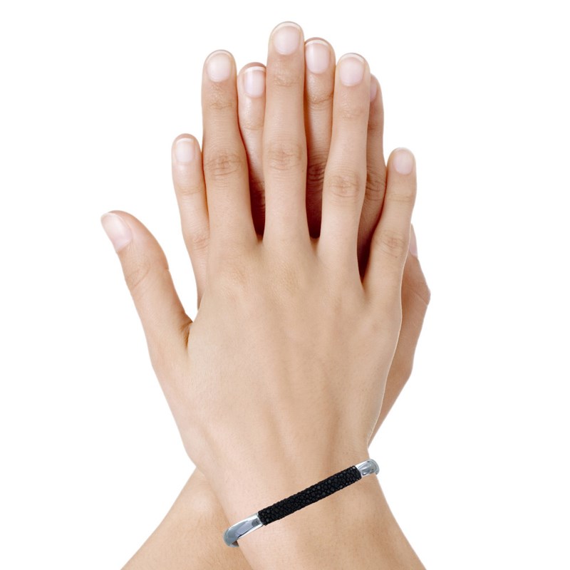 Bracelet Mixte Demi Jonc Laiton Rhodié et Cuir Classics - Noir