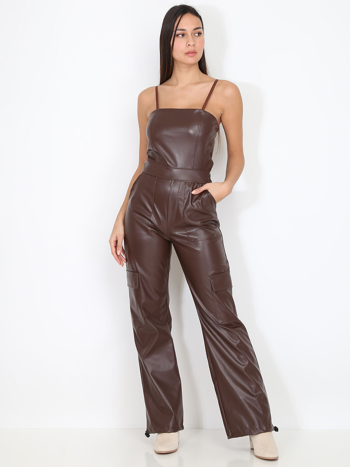 Combinaison cargo en simili- Marron foncé