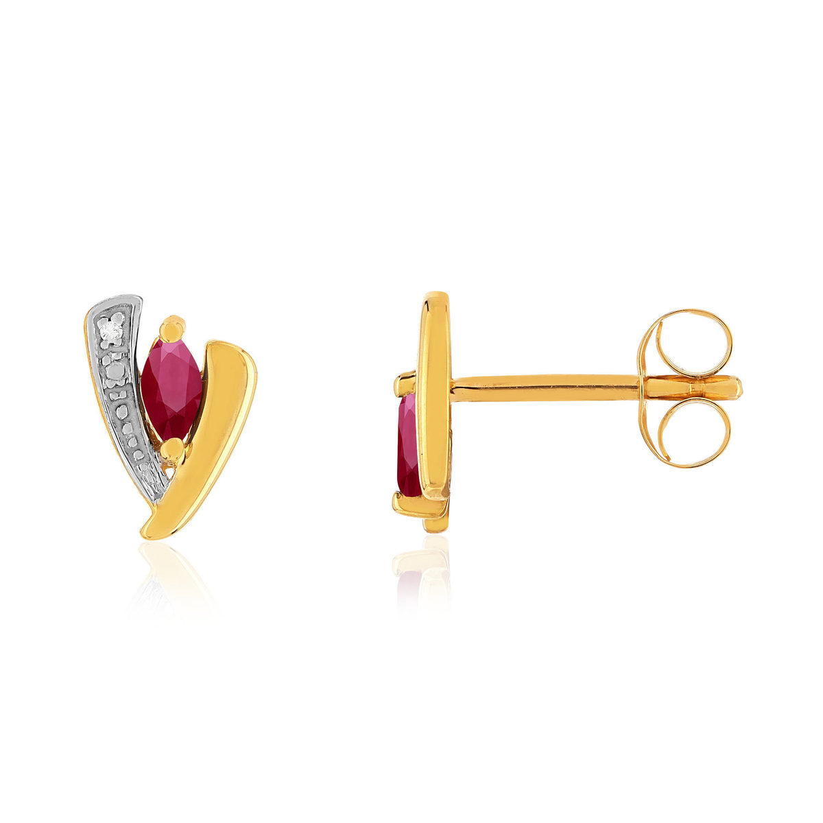Boucles d'oreilles or 375 jaune 2 tons rubis et diamants