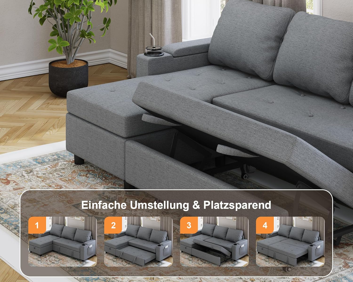 Devoko Ecksofa mit Schlaffunktion und Bettkasten L-Form Sofa 3-Sitzer Ausziehbares Schlafsofa Leinen Couch Kleines Schlafcouch für Wohnung und Wohnzimmer, Hellgrau