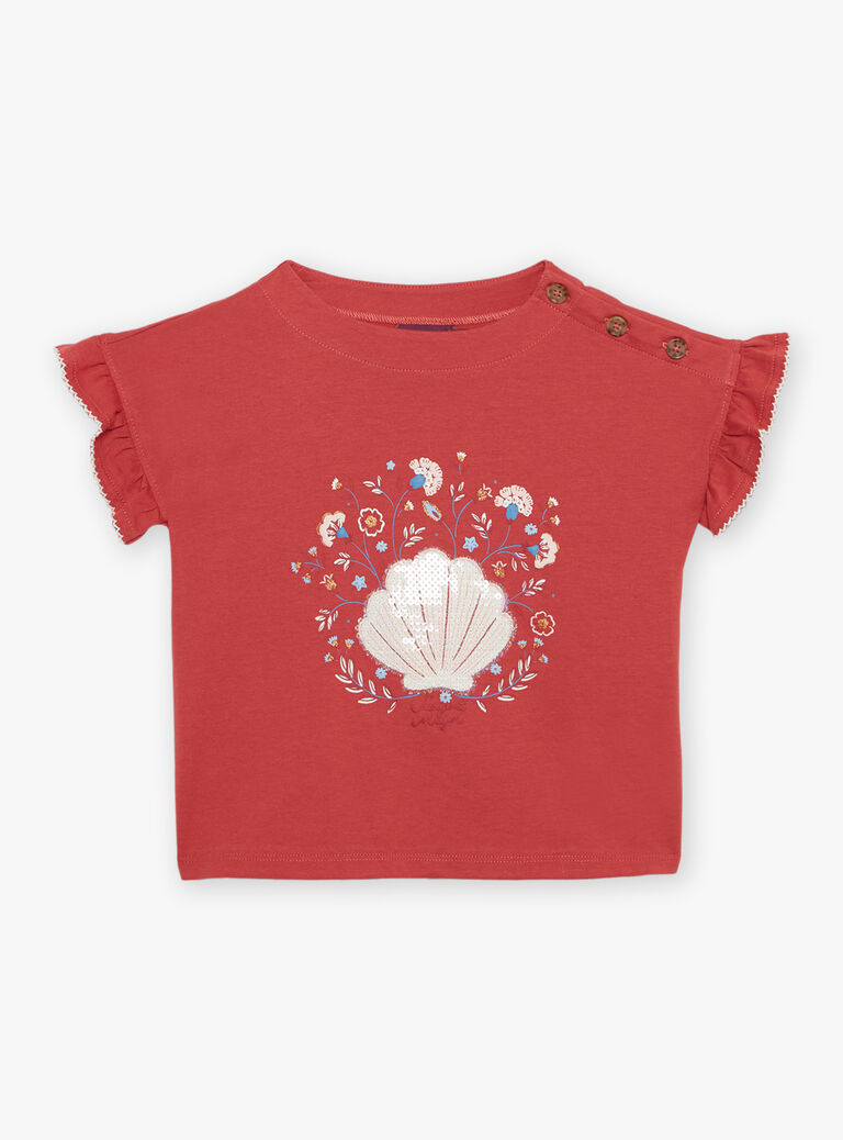 T-shirt rouge avec coquillage en sequins et petit sac fantaisie