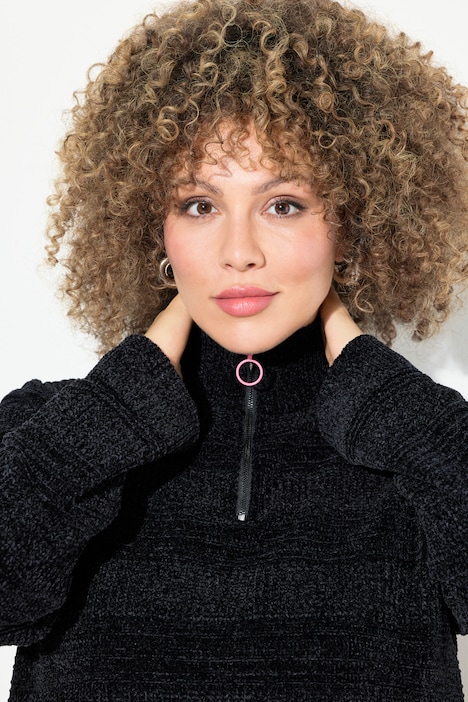 Troyer-Pullover, Chenille, Stehkragen, Langarm