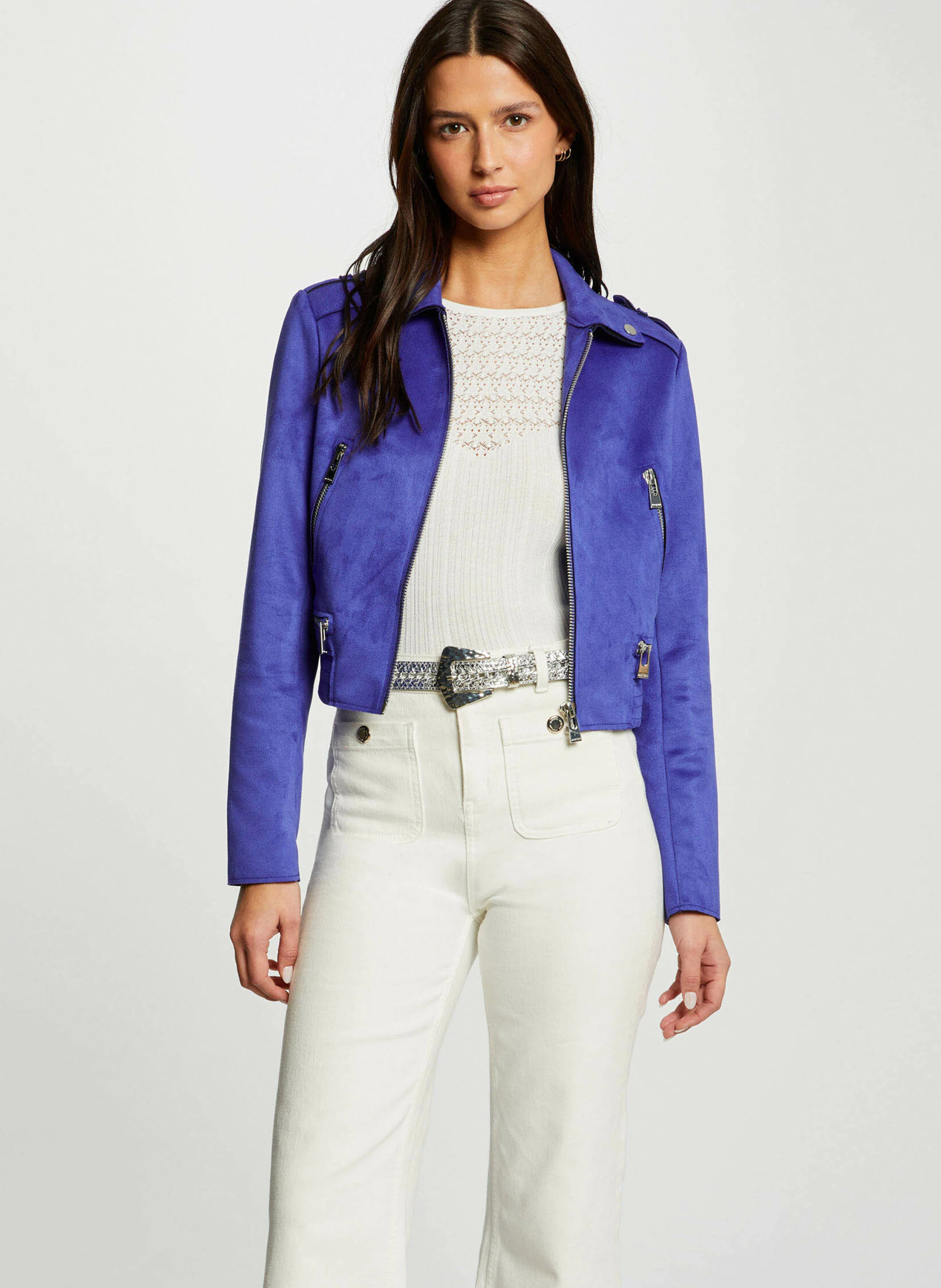Veste blazer col classique aspect suédine| Bleu
