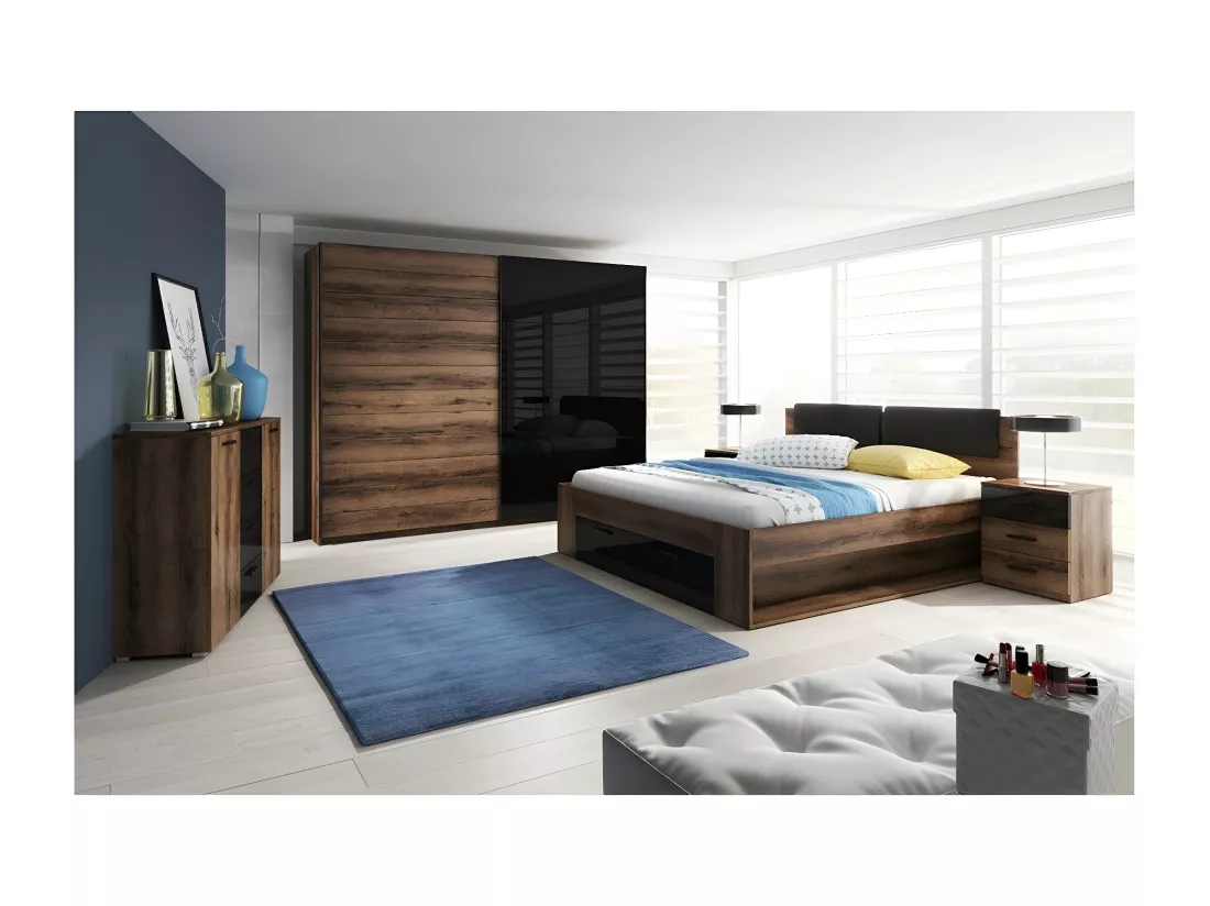 Chambre à coucher FLOYD : Armoire 220cm, Lit 180x200, commode, chevets. Couleur chêne foncé et noir brillant