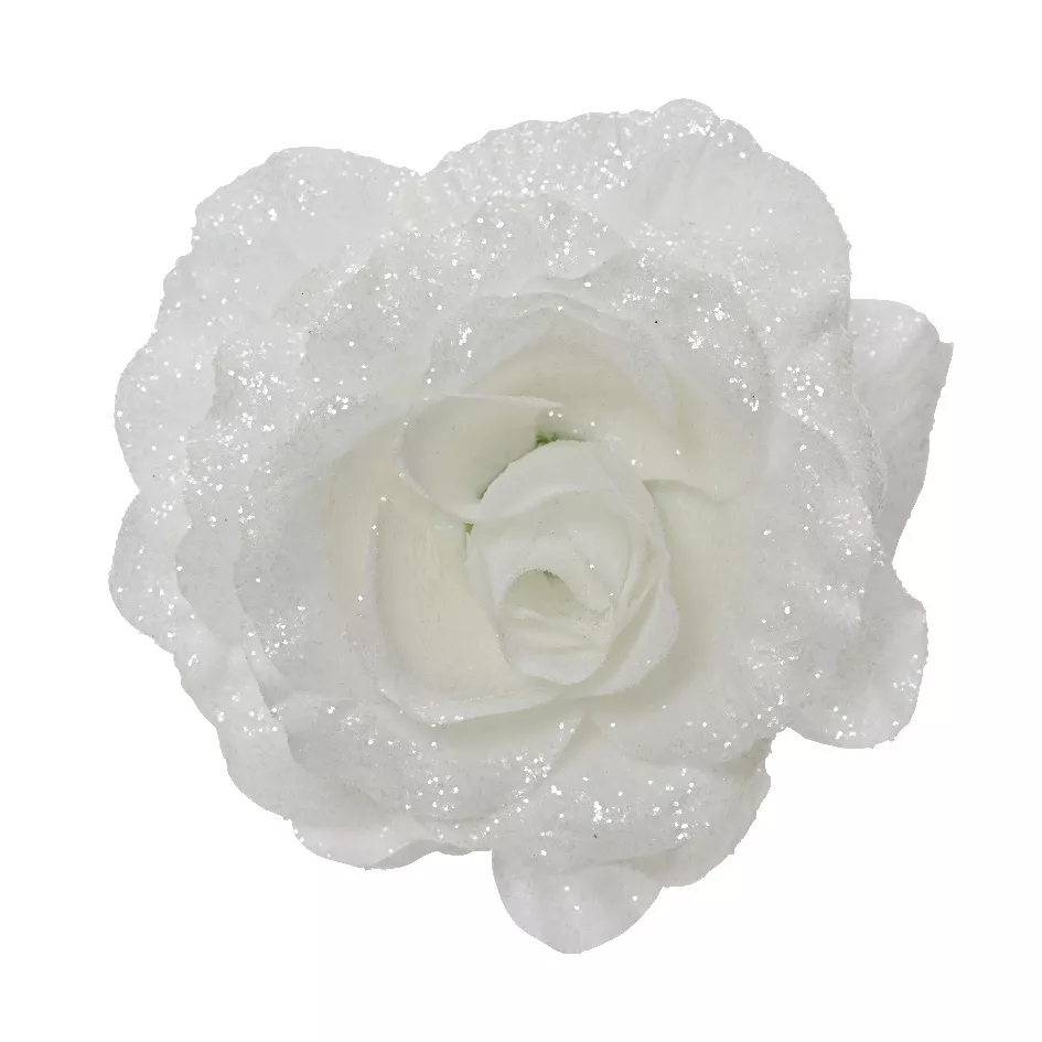 Fleur décorative sur pince (D12 cm) Scintillant Blanc