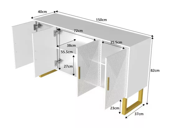Buffet avec 4 portes - 150 x 40 x 82 cm - MDF, panneaux de particules et métal - Blanc et or