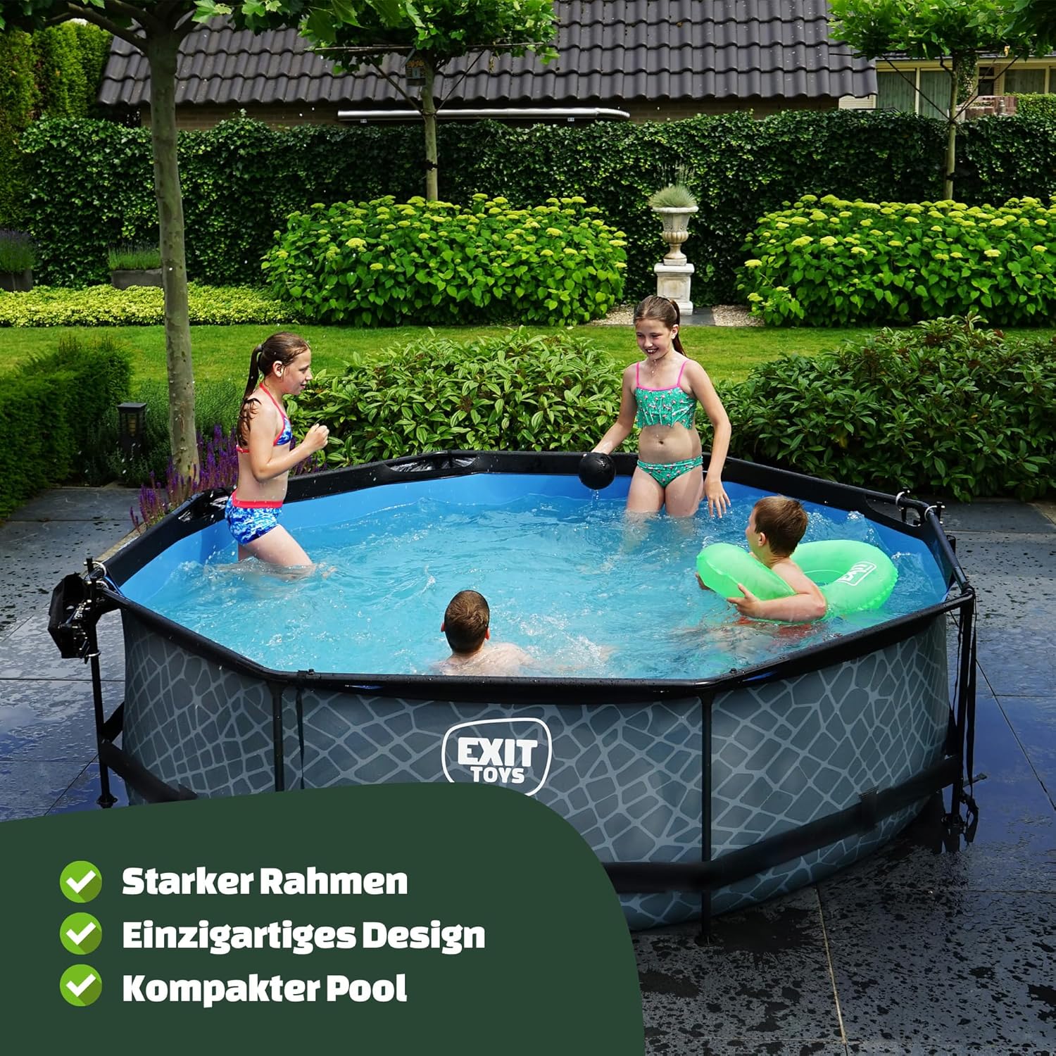 EXIT Toys Stone Pool - ø360x76cm - Großer, Runder Rahmenpool mit Kartuschenfilterpumpe - Leicht Zugänglich - Für Kleinkinder Geeignet - Starker Rahmen - Einzigartiges Design - Grau