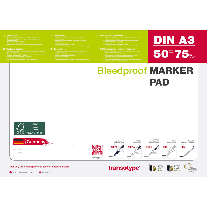 Transotype Layoutpapier Bleedproof Marker Pad, A3, weiss, 50 Stück