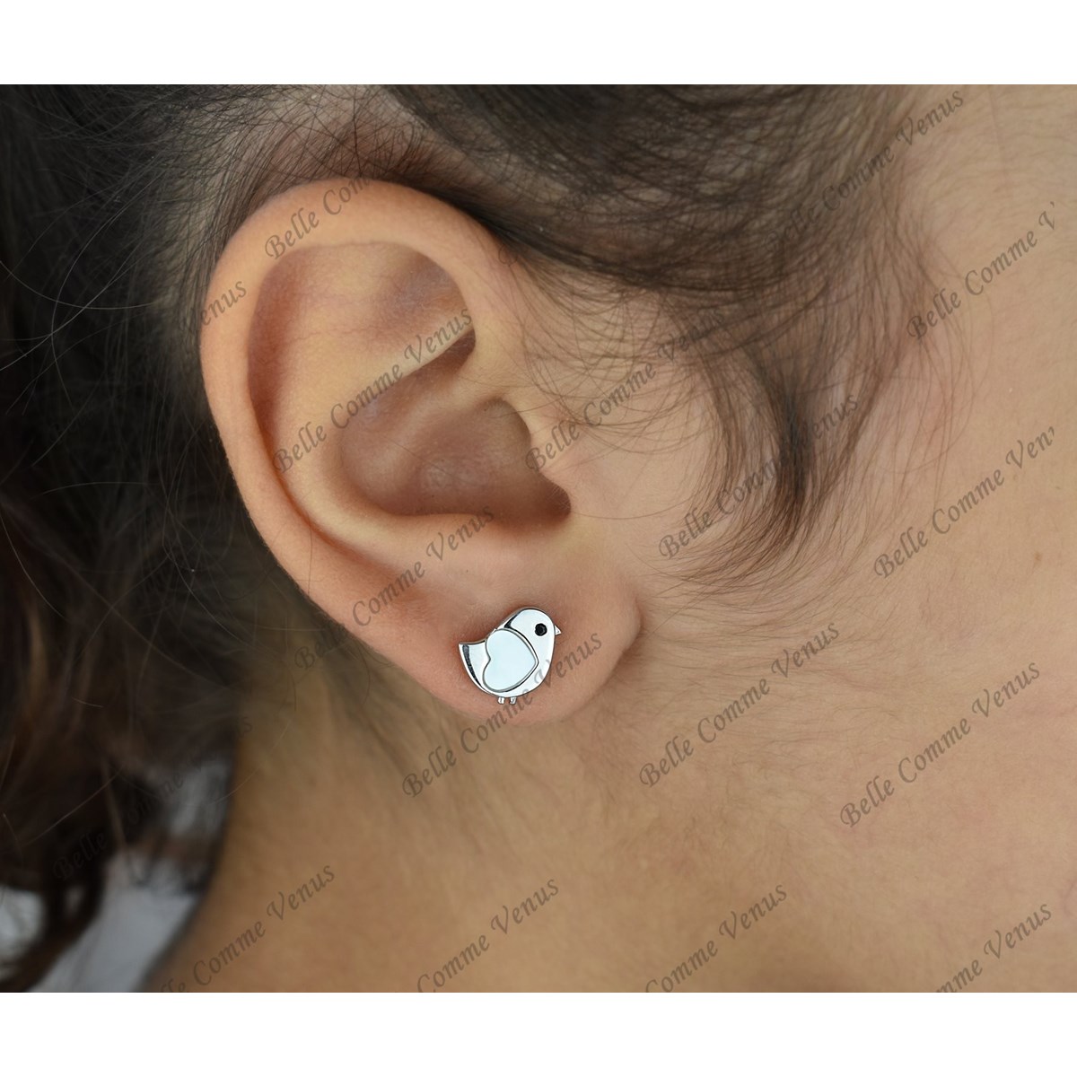 Boucles d'oreilles oiseau coeur de nacre oeil oxyde de zirconium noir Argent 925 Rhodié