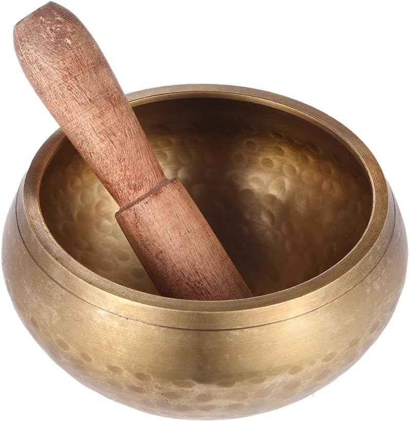 (Ø8cm) Tibetische Messing Klangschale Handgehämmerte Meditations Glocke inkl. Holz Klöppel - Gold