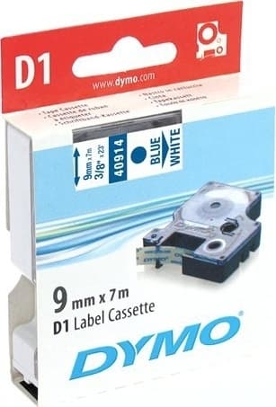 DYMO D1, markeringstape, 9mm, blå tekst på hvid tape, 7m
