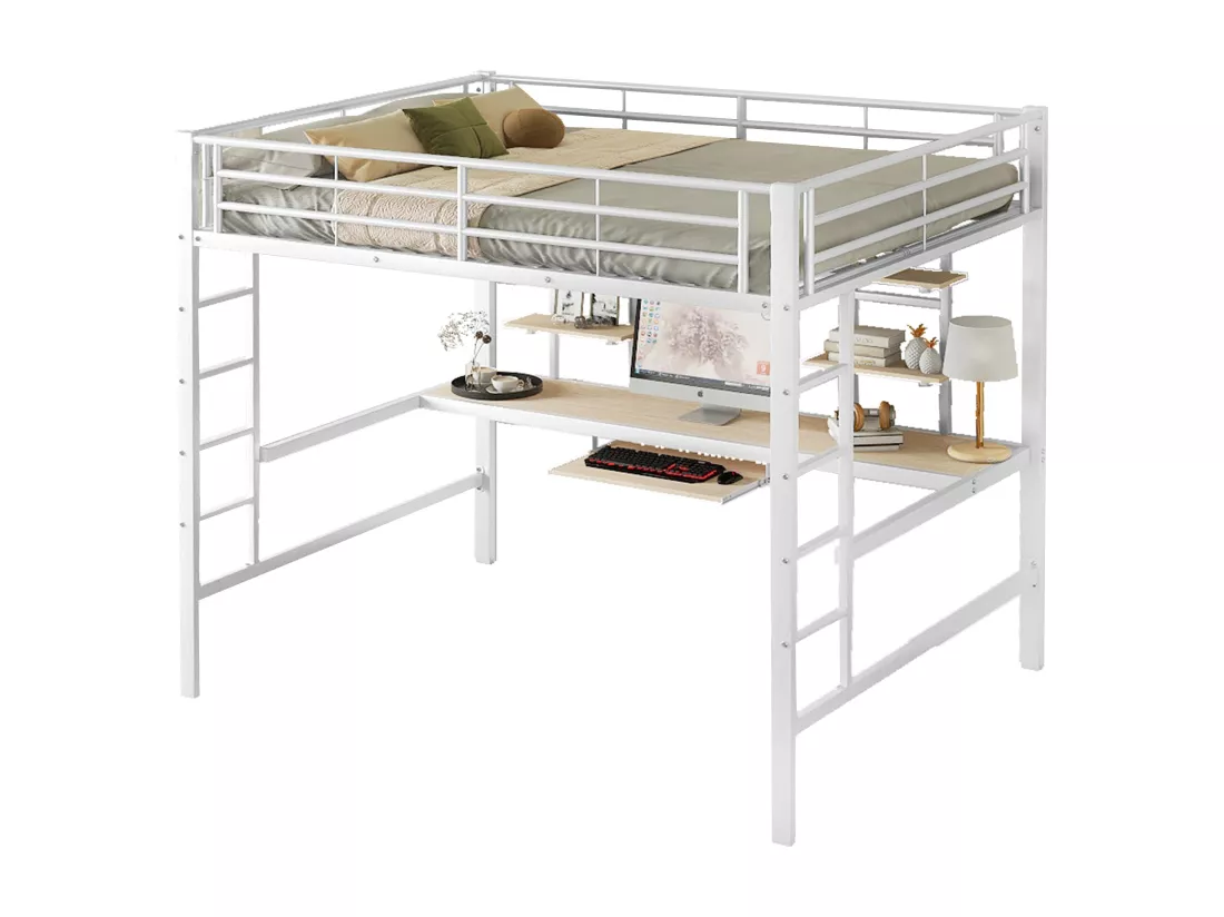Lit mezzanine 140x200cm - avec bureau et étagères - cadre en métal - Blanc