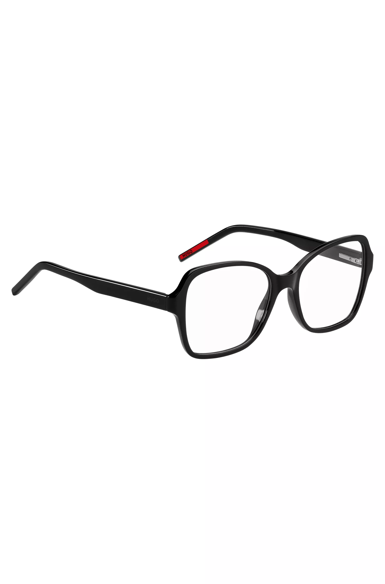 Armação de óculos HUGO em acetato vermelho e preto com hastes personalizadas.