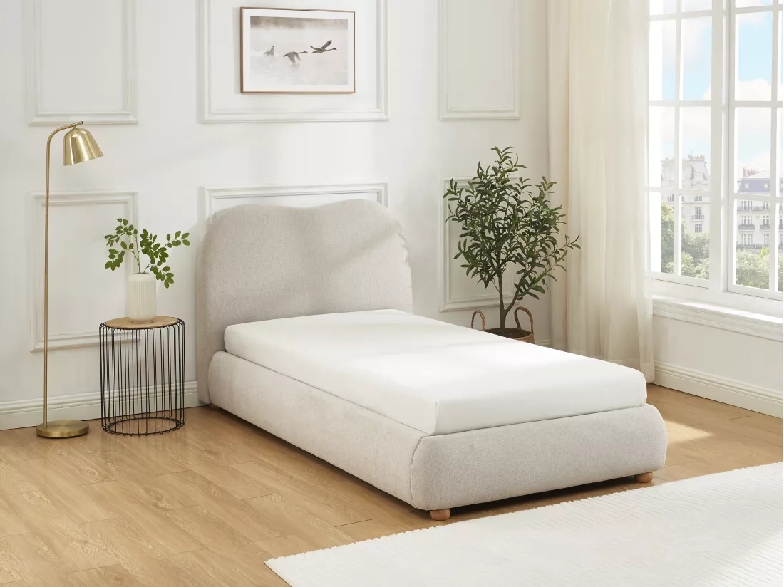 Lit coffre 90 x 190 cm - Tissu - Beige + Matelas - VANARI