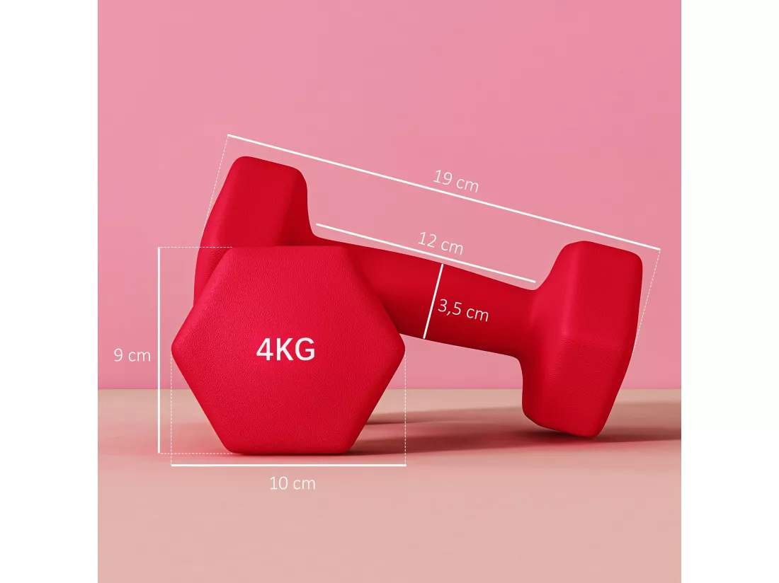 Lot de 2 haltères hexagonales 2 x 4 Kg - poignée antidérapante - métal PVC rouge