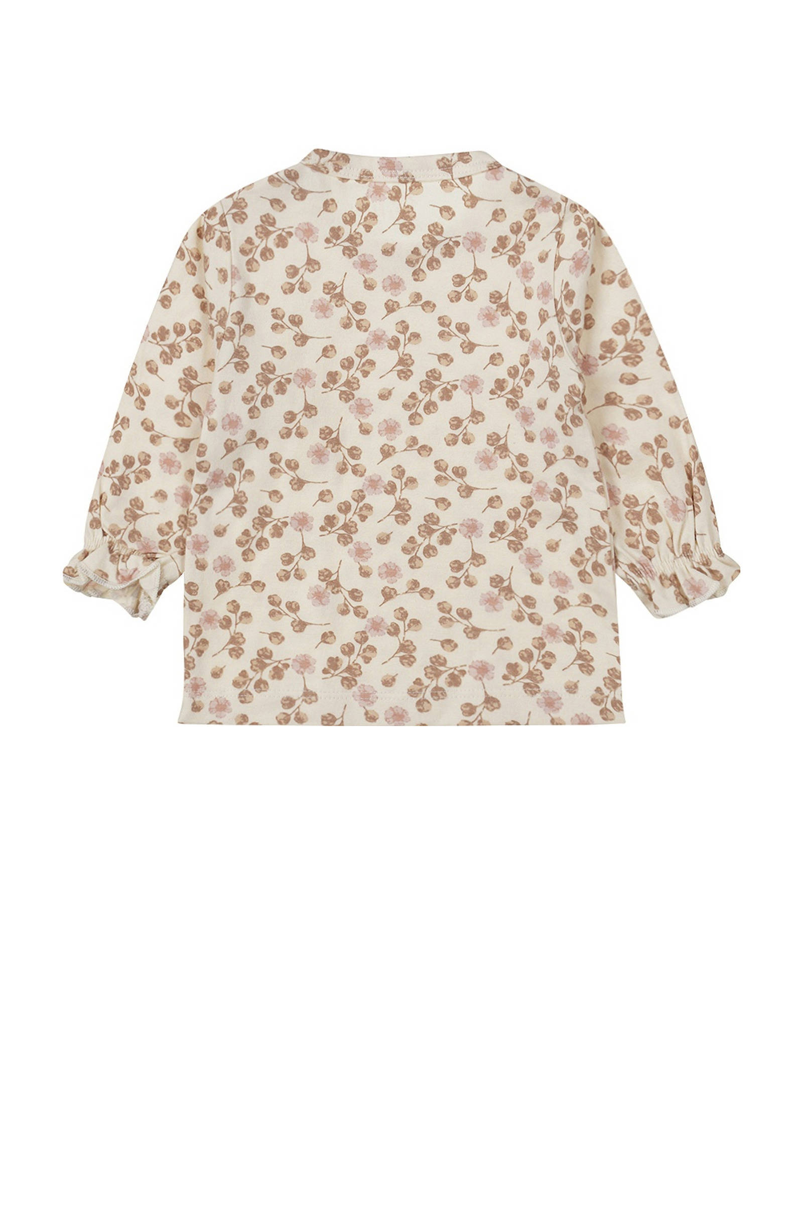 Dirkje baby longsleeve met all over print en ruches lichtbruin/roze/ecru