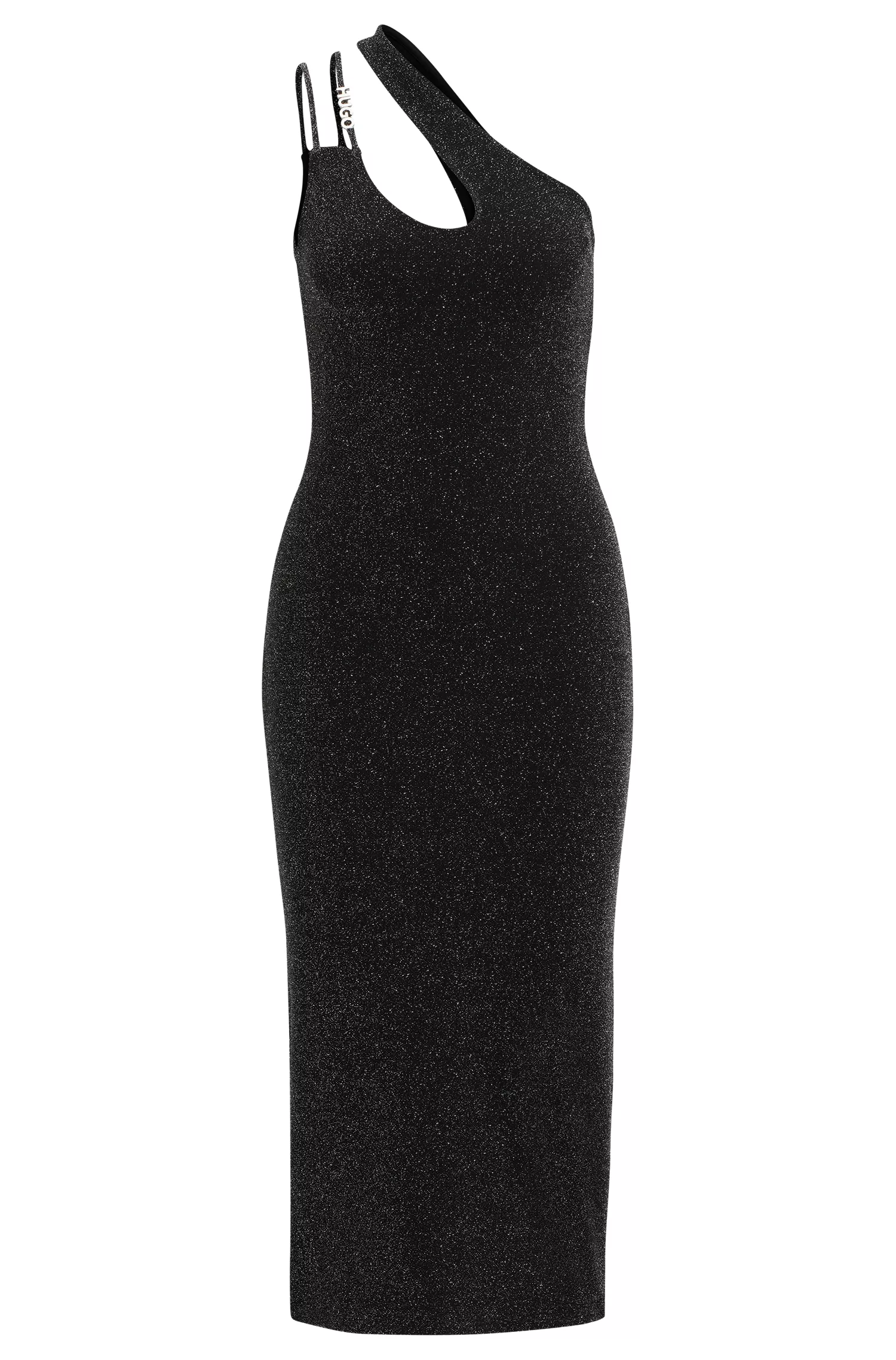 Vestido midi assimétrico HUGO vermelho com glitter e alça com logo.