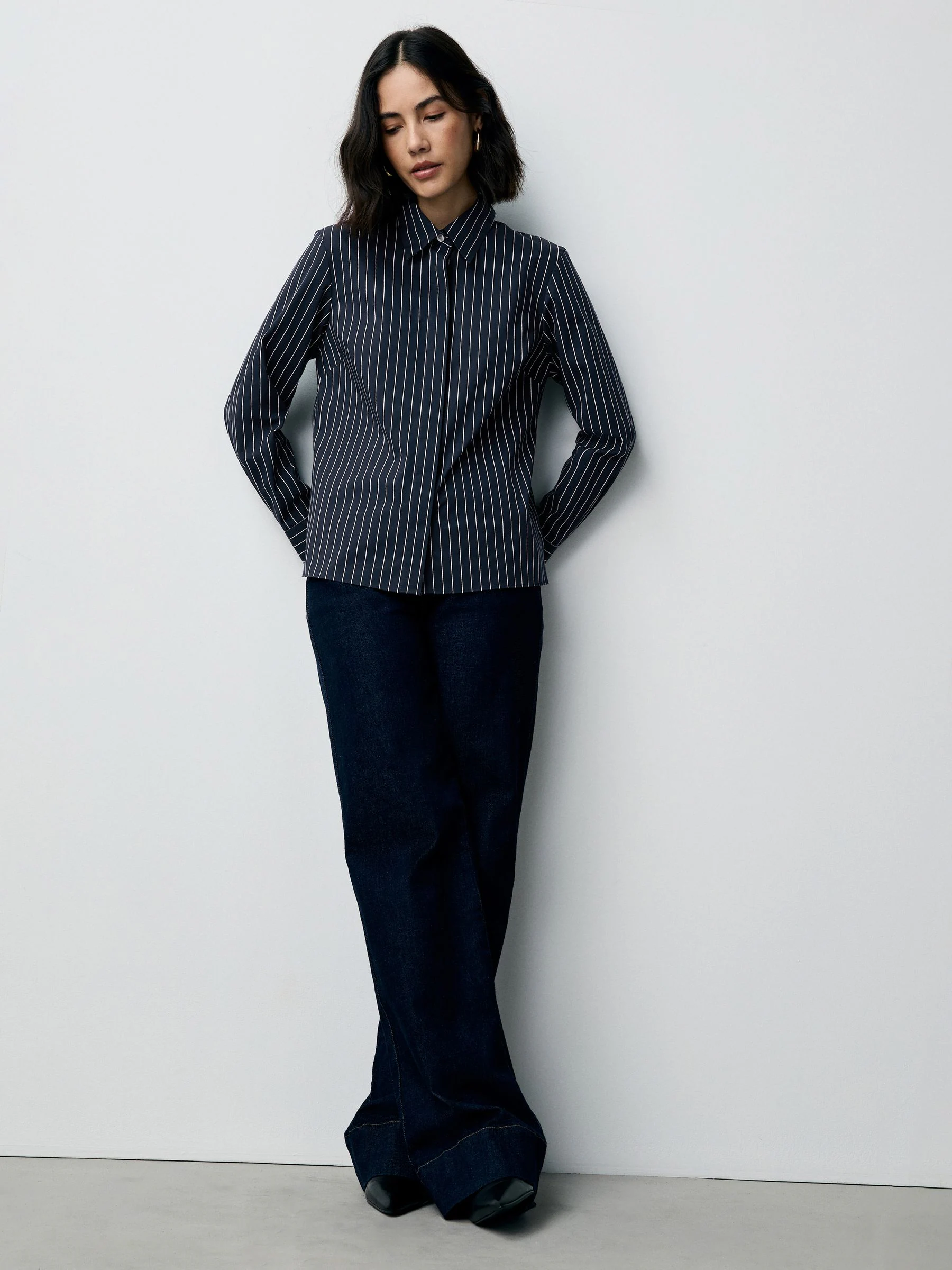 Marineblauw gestreept - Fitted Stretch Essential Long Sleeve Shirt