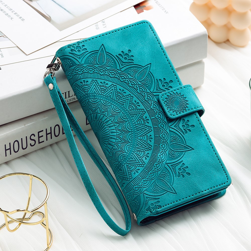 Samsung Galaxy A54 5G Leder Tasche Flip Cover mit Reissverschluss - Mandala Flowers Imprint - Türkis