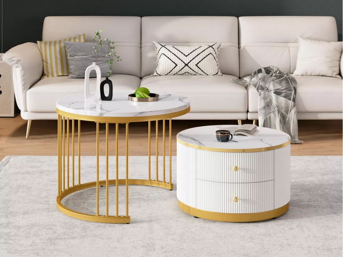 Lot de 2 tables gigognes - 2 tiroirs - plateau à motif de marbre - Blanc & Doré