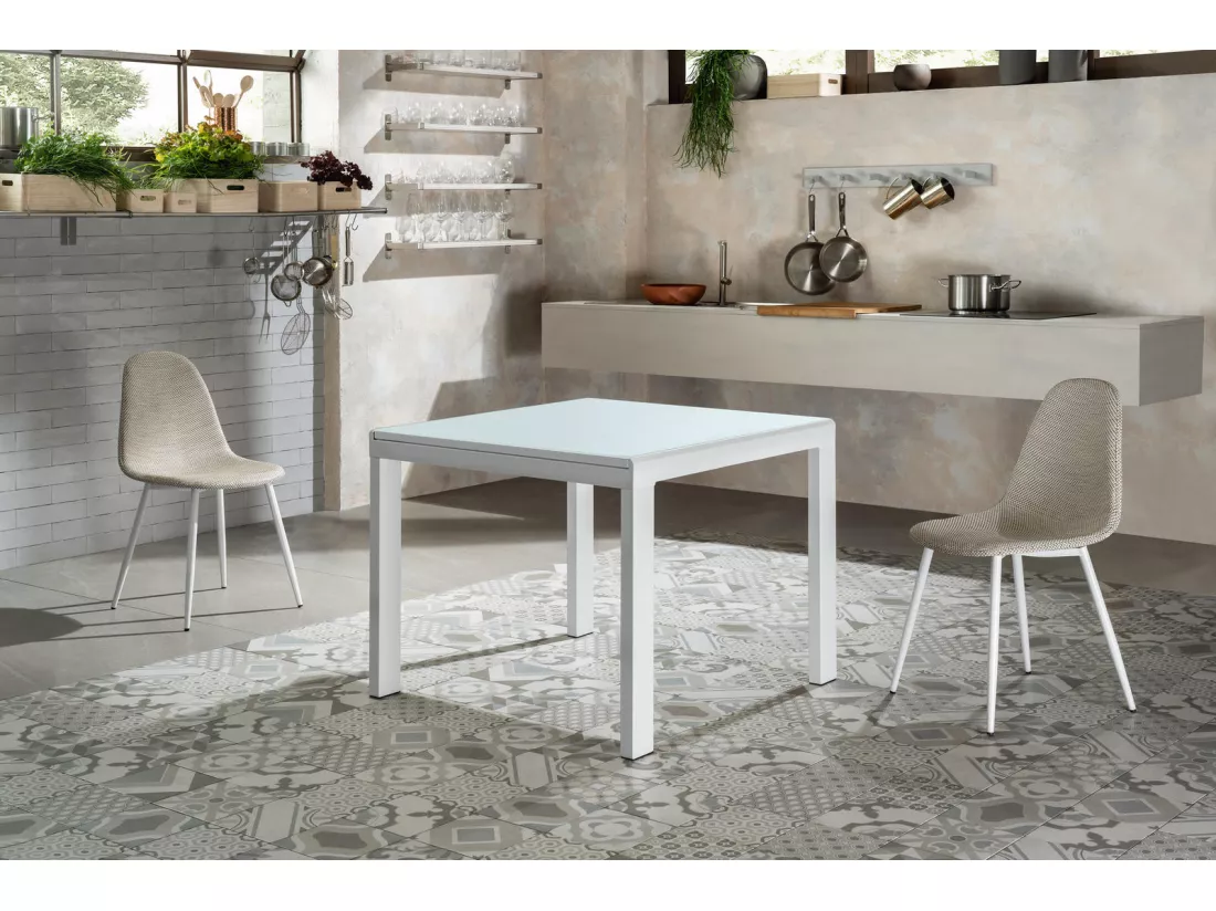 Banner Table Extensible (90/163,5 x 90 cm) en Verre Trempé Blanc