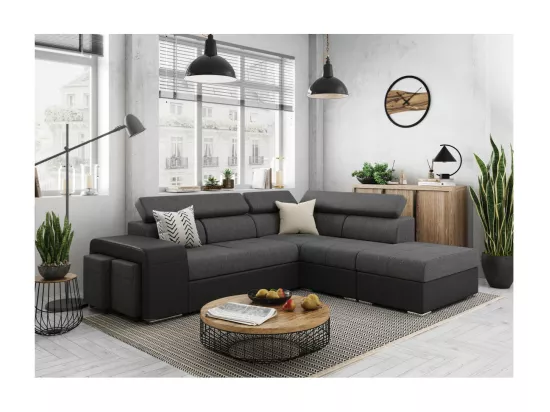 Canapé d'angle droit 3 places Soan convertible en simili et tissu - Gris / Noir - L262 x P220 x H76cm - Loungitude