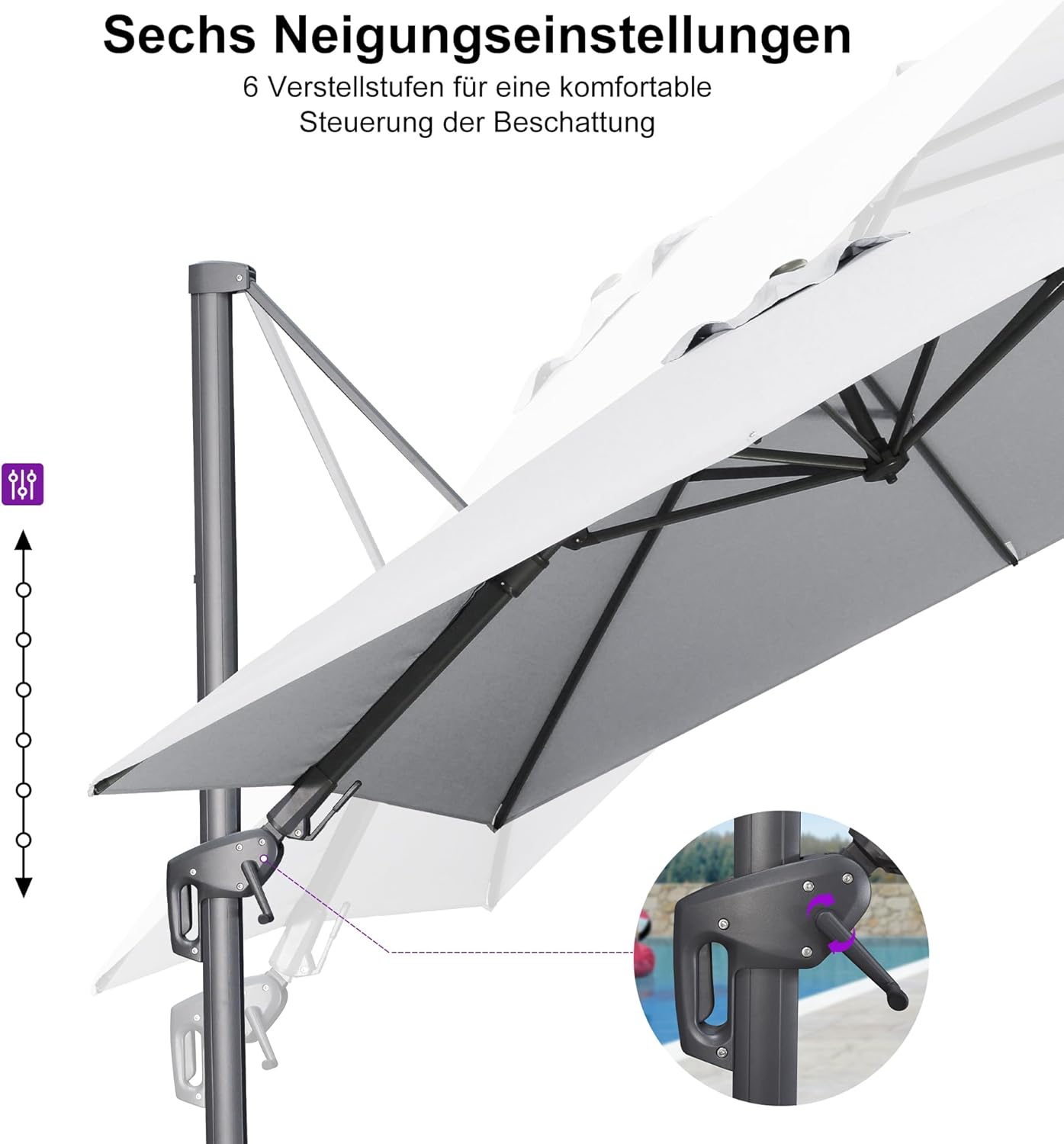 PURPLE LEAF Sonnenschirm Twist 270 x 365 cm Ampelschirm Rechteckig aus Acrylimitat, Beidseitig Axial Schwenken, 360° Drehbar, Alu Gartenschirm, UV50+, Kieselgrau