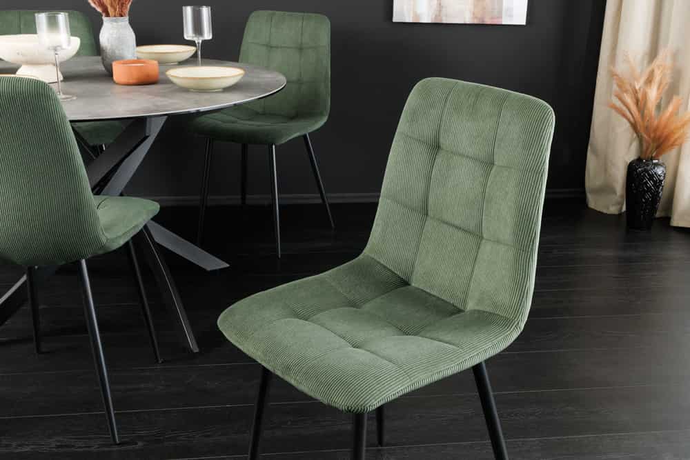 Moderner Design Stuhl TRES CHIC grün Cord schwarze Metallbeine Esszimmer