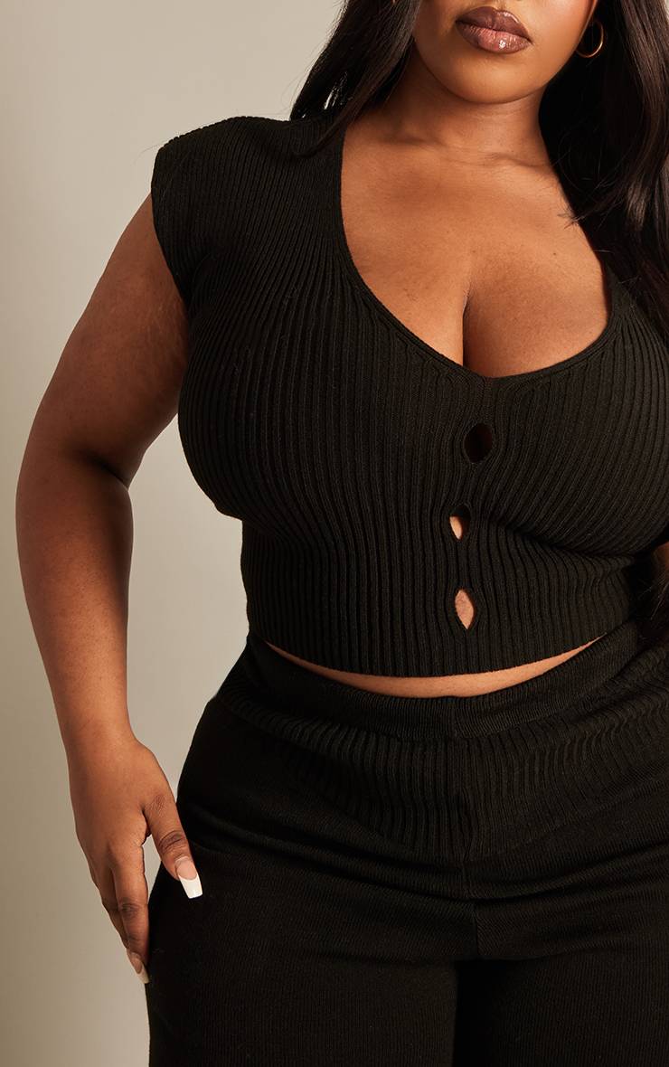 Noir Top Court Côtelé En Maille Grande Taille