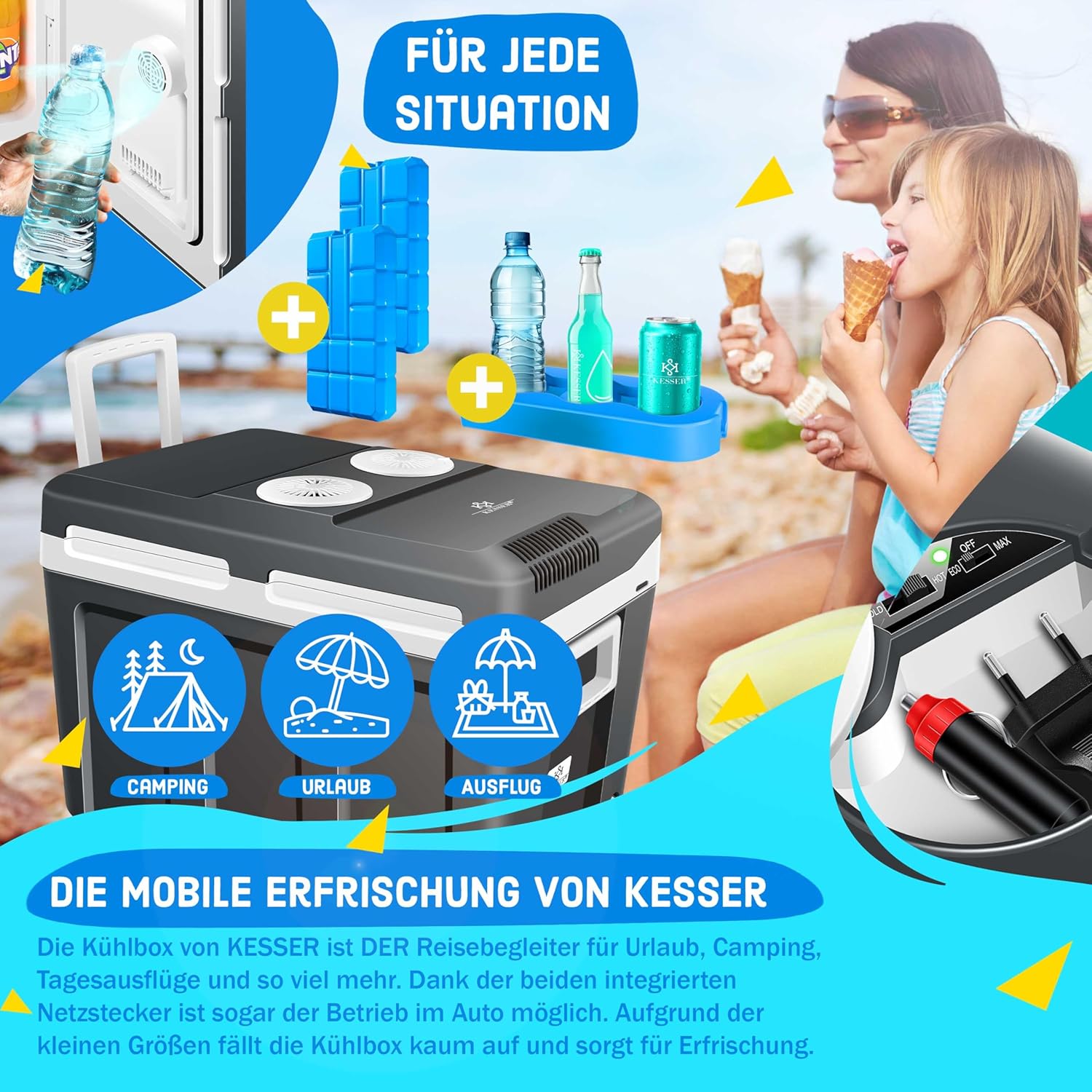 KESSER® Kühlbox 40L mit Rollen | Thermo-Elektrische Kühlbox | KÜHLT und WÄRMT | 12 & 230V | Thermobox für Auto, Boot & Camping | Mini-Kühlschrank mit ECO & MAX Modus