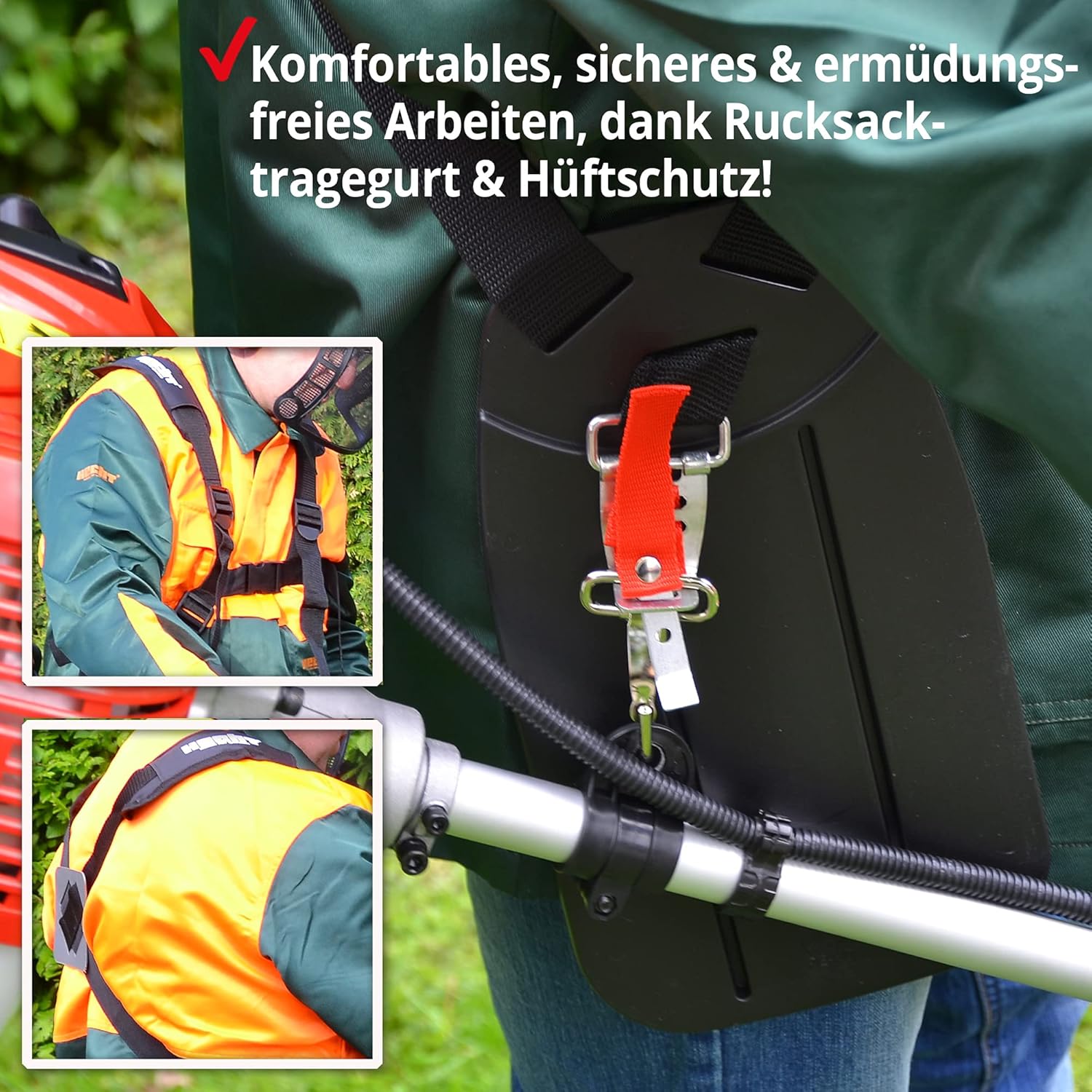 HECHT Benzin Freischneider Motorsense mit 2-Takt-Motor mit 2 PS – 43 cm und 25,5 cm Schnittkreis – inklusive Doppel Faden Spule und Metallmesser, Komfort-Tragegurt, Lenkradgriff – Antivibrationsgriff