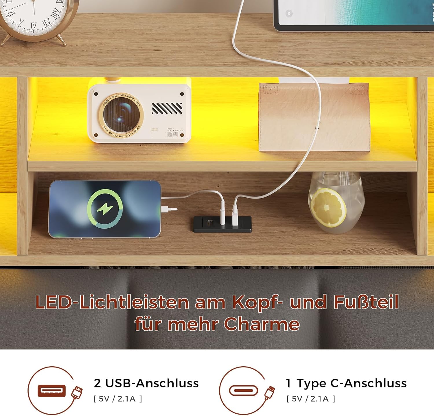Bett 160x200 cm, Doppelbettgestell, Bett mit LED-Beleuchtung, Polsterbett, 4 Schubladen, Ladestation, Metallrahmen & Holzkopfteil mit Stauraum, für Schlafzimmer, Gästezimmer, Grau