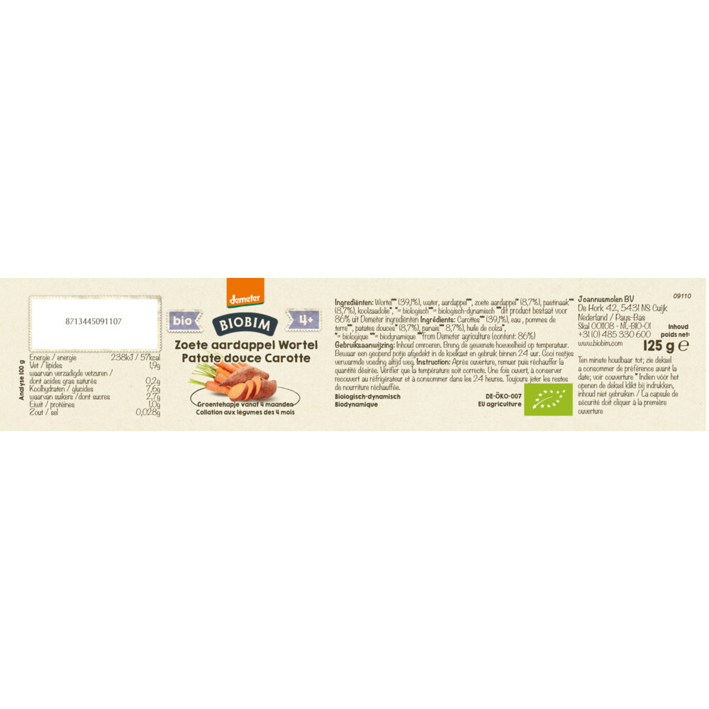6x Biobim Groentehapje 4+ mnd Zoete Aardappel & Wortel125 gr
