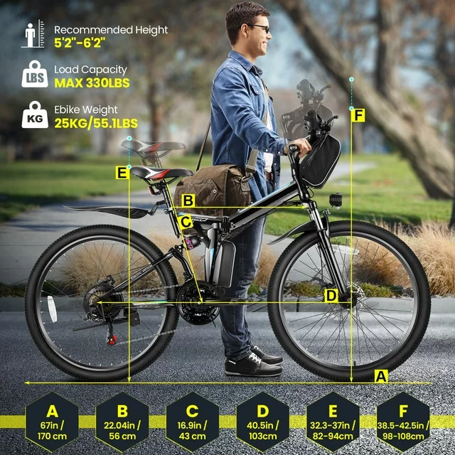 Gocio 26 in. Electric Bike for Adults, 500W Folding Electric Mountain Bicycle Max 50Miles, Full Suspension, 48V Foldable E-Bike with Removable 374.4Wh Lithium-Ion Battery Electric City Bike
