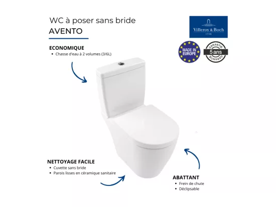 WC à poser sans bride VILEROY ET BOCH Avento avec abattant frein de chute déclipsable