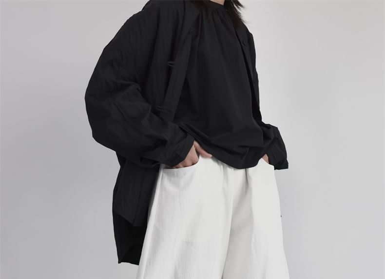 SIMPLE BLACK - Effen broek met elastische taille en wijde pijpen