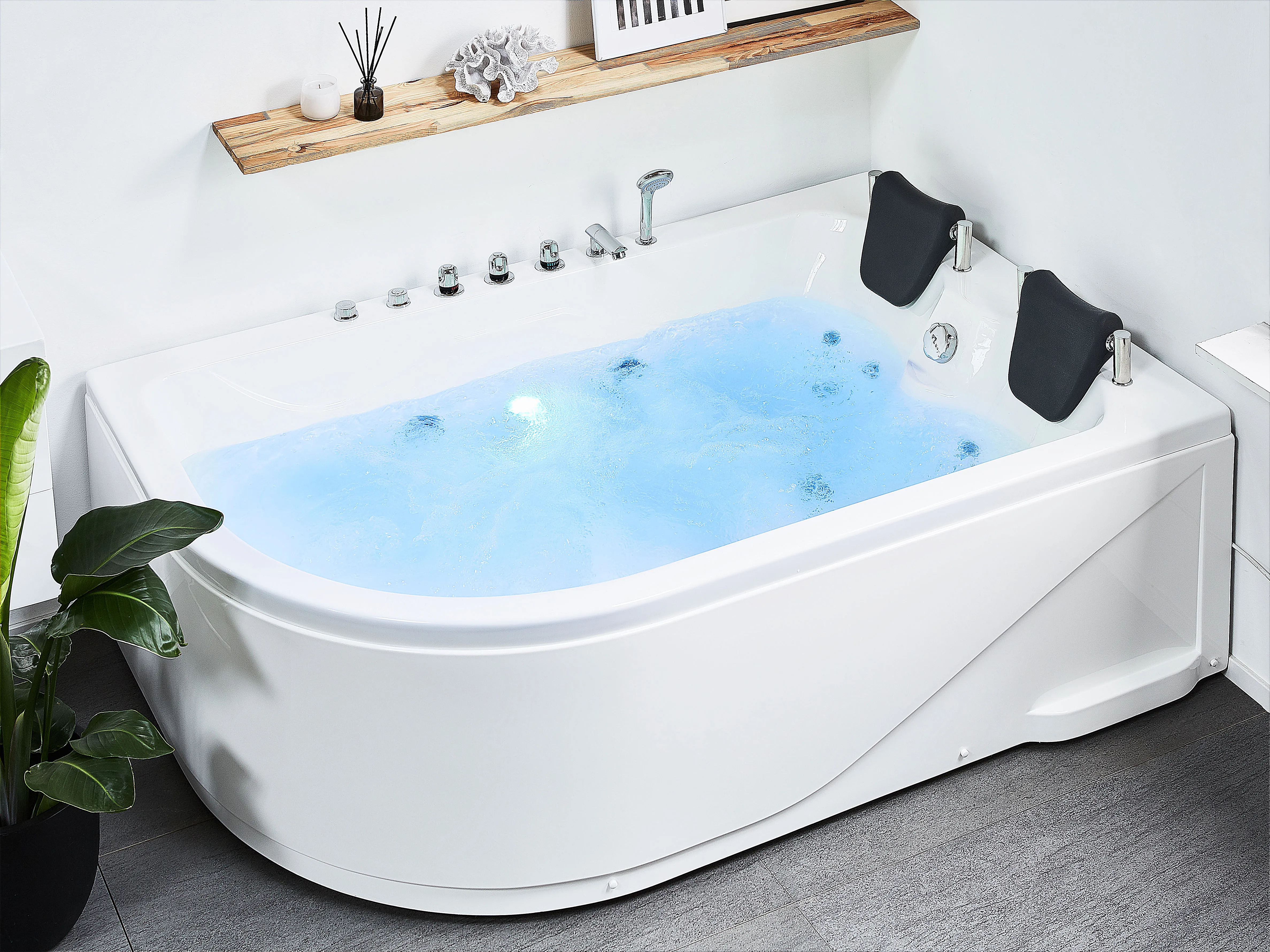 Hoek bubbelbad met LED CALAMA linkszijdig 180 x 120 cm Wit