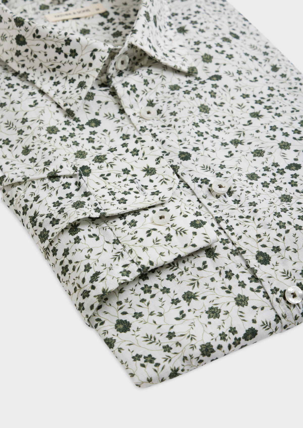 Chemise sport Slim en lin et coton blancs à motif fleuri kaki