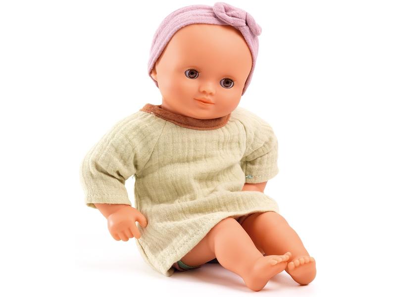 DJECO Puppe Pomea: Pistache 32 cm Weichkörperpuppe mit braunen Schlafaugen