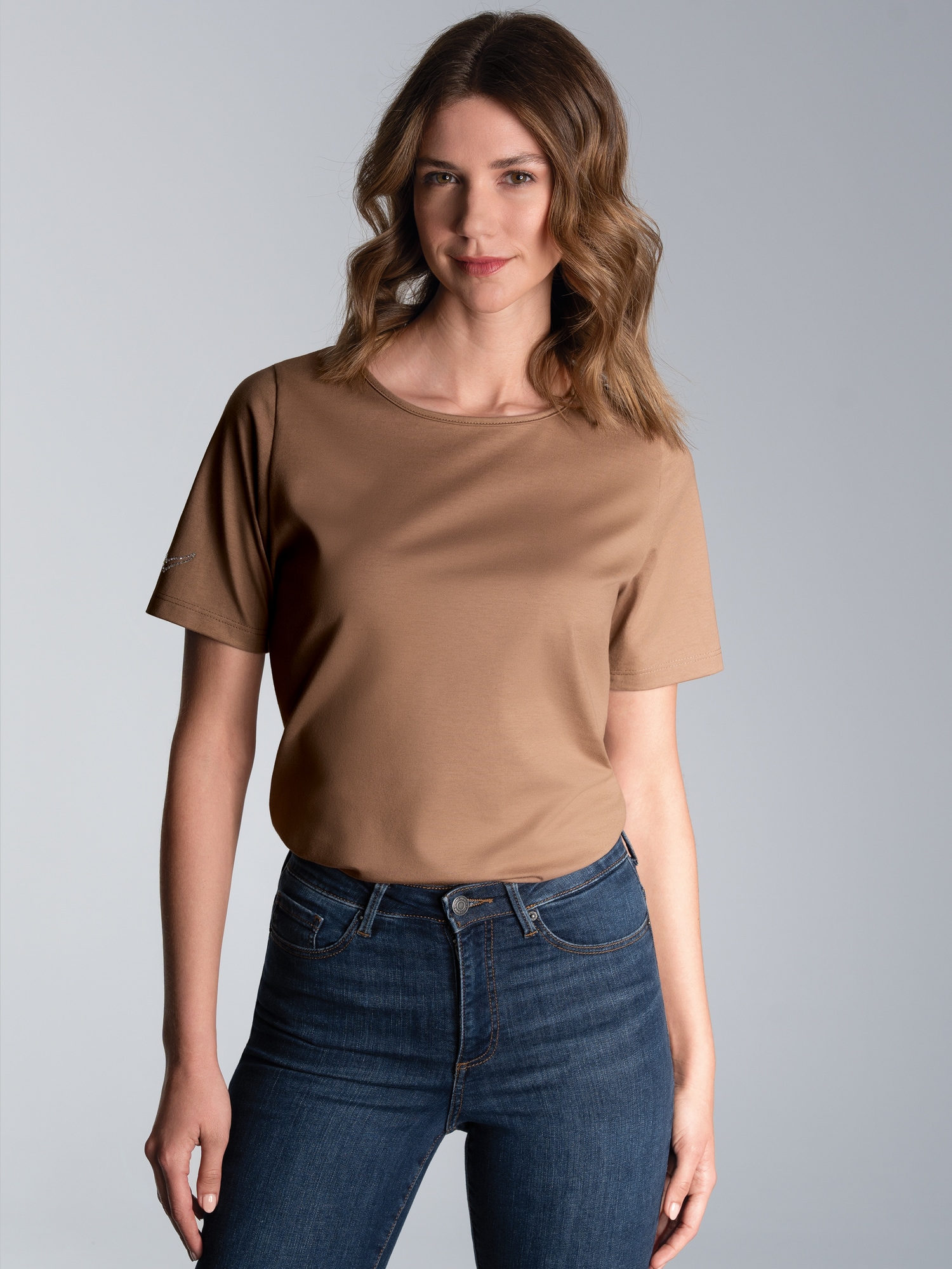 T-Shirt DELUXE Baumwolle mit Kristallsteinen Haselnuss