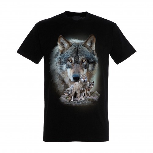 Camiseta preta unissex com estampa de lobo