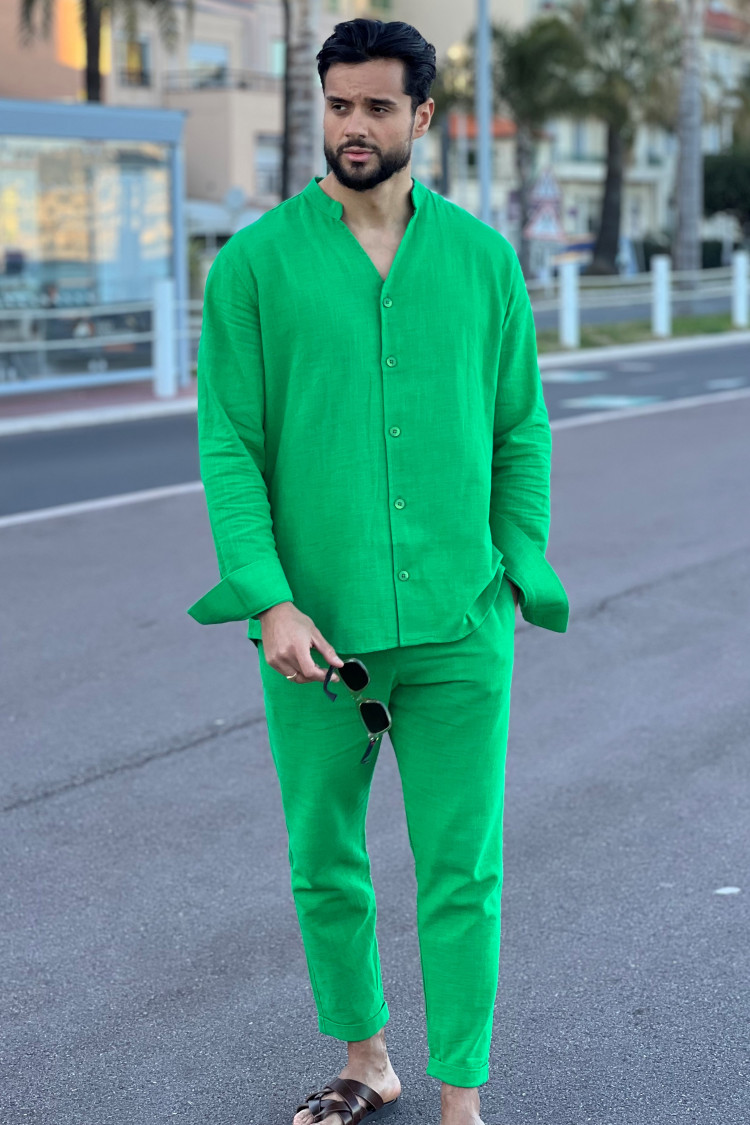 Ensemble 2 pièces chemise + pantalon effet lin vert