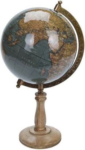Decoratie wereldbol/globe blauw op mangohouten voet/standaard 16 x 32 cm - Landen/contintenten topografie