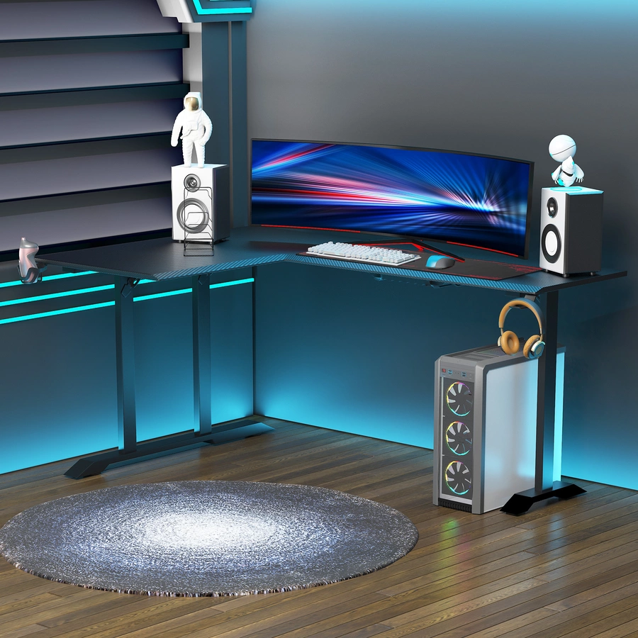 HOMCOM Gaming Tisch in L-Form mit Kopfhörerhaken und Getränkehalterung schwarz