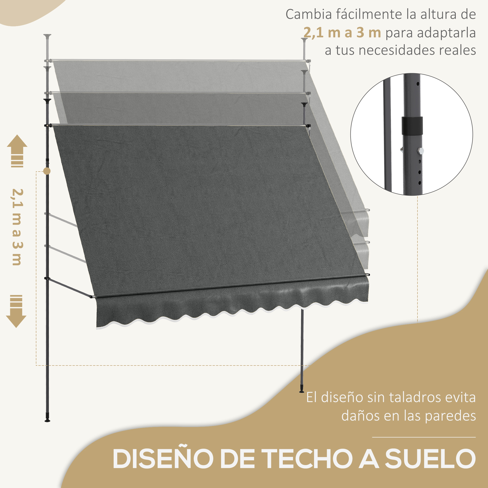 Toldo retrátil manual Outsunny 300x120x210-300 cm para varanda, com manivela, altura ajustável, impermeável e resistente aos raios UV, ideal para jardim, terraço e janelas, na cor cinza escuro.