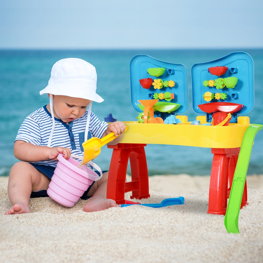 HOMCOM Kinder Sandkastentisch mit 31-tlg. Zubehör blau, gelb