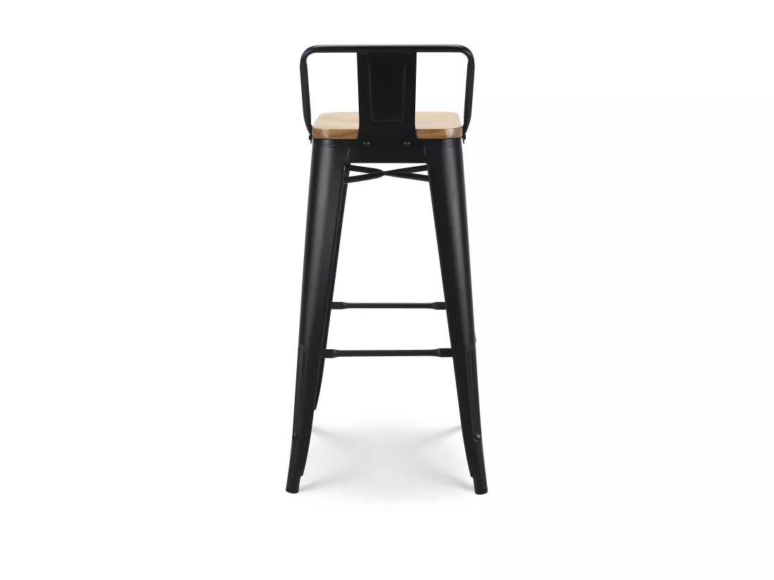 Lot de 4 tabourets de bar en métal noir mat style industriel avec dossier et assise en bois clair - Hauteur 76 cm