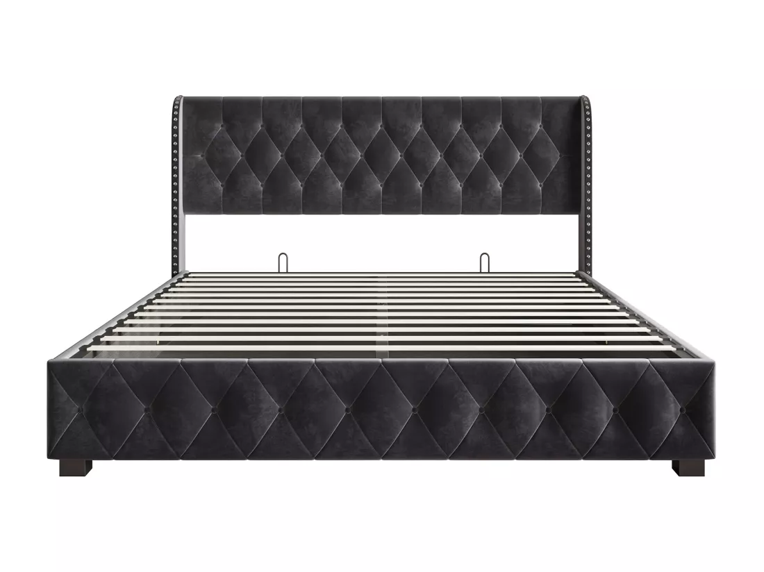 Lit coffre rembourré en velours - décoré de rivets - avec sommier à lattes - 160x200cm - Gris